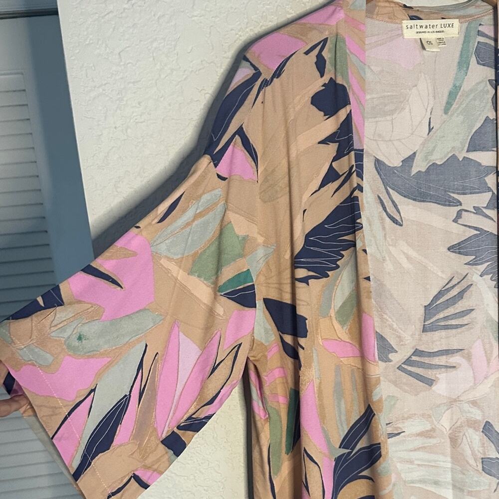 Saltwater Luxe Abstract Leaf Kimono Duster Floral Resortwear Luxury Spa Poolside - Picture 2 of 7